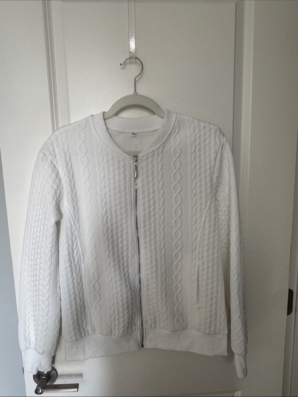 White Cable-Knit Zip Front Women's Jacket